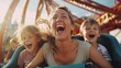 © hamad - Mother and two children riding a rollercoaster at an amusement park or state fair, experiencing excitement, joy, laughter, and summer fun.