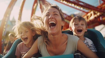 Wall Mural - Mother and two children riding a rollercoaster at an amusement park or state fair, experiencing excitement, joy, laughter, and summer fun.