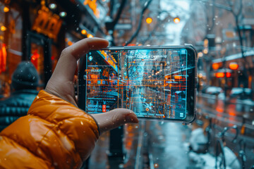 Aufkleber - Augmented reality overlays superimposing digital information onto the physical world, enhancing user experiences in real-time. Concept of AR mockups. Generative Ai.
