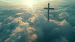 The Catholic cross stands tall amidst a sea of clouds, its outline etched against the sky as sunlight filters through, creating an awe-inspiring tableau of spiritual significance.