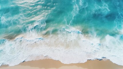  Ocean waves on the beach as a background. Beautiful natural summer vacation holidays background. Aerial top down view of beach and sea with blue water waves.