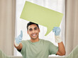 © peopleimages.com - Man, portrait or thumbs up for cleaning speech bubble in home maintenance for germ protection. Smile, social media and happy housekeeper with chores on mockup space in apartment for communication
