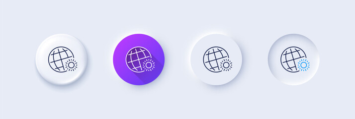 Poster - World weather line icon. Neumorphic, Purple gradient, 3d pin buttons. Sun with globe sign. Hot season symbol. Line icons. Neumorphic buttons with outline signs. Vector