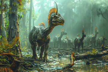 Poster - A bizarre Parasaurolophus, with its elongated crest and trumpet-like call, communicating with others in its herd in ancient floodplains. Concept of crested herbivore. Generative Ai.