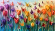 A field of papercut tulips unfurls in a rainbow of colors, each blossom holding a tiny papercut butterfly, their delicate wings shimmering with festive cheer