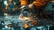 Metalworker in factory uses grinder to shape metal with water glistening nearby. Concept Metalwork, Factory, Grinder, Shaping Metal, Water Glistening