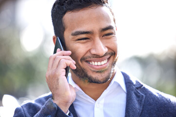 Poster - Phone call, businessman and conversation on cellphone, city and communication and networking. Digital, virtual chat and smile for tech sales agent, b2b and company deal for negotiation on smartphone