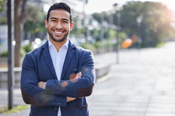 Poster - Portrait, businessman and crossed arms in city, outside and success for corporate employee. Manager, confidence and male person in New York street, lawyer an firm for business commute to town office