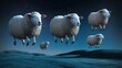 A whimsical illustration of floating sheep against a starry night sky