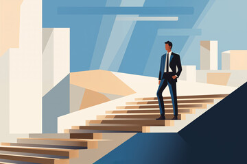 Business graphic vector modern style illustration of a business person climbing stairs reaching for a goal taking steps in career progressing up ladder to top