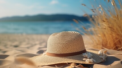 Wall Mural - Straw hat on the beach close-up, summer background.