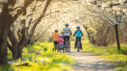 A group of people enjoy cycling on their bicycles through a beautiful natural landscape, surrounded by trees, grass, and plants. AIG41