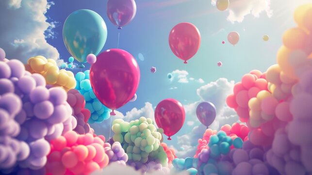 A whimsical 3D scene with colorful floating balloons   AI generated illustration