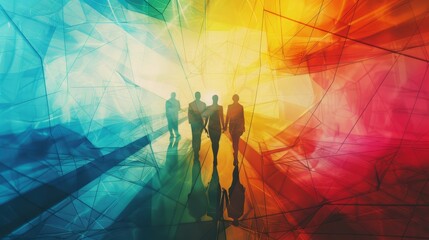 Poster - A whimsical depiction of a business team collaborating in a colorful abstract space   AI generated illustration