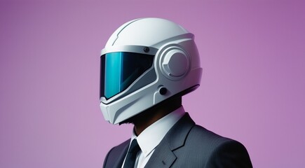 Man in suit, jacket and moto helmet. Futuristic style on purple background