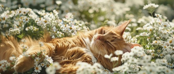 Peaceful cat enjoying a nap in a beautiful field of white flowers under the warm sun