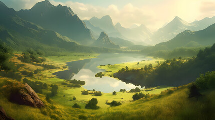 Wall Mural - landscape with lake and mountains, evergreen