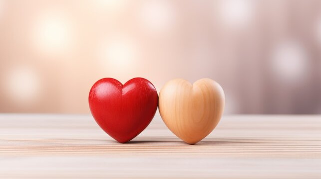 Two wooden hearts grace a wooden surface on a light background, symbolizing enduring love and connection. Concept: Valentine's day.