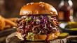 BBQ pulled pork burger with tender pulled pork, coleslaw, pickles, and BBQ sauce, Rustic background.