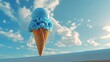 Appetizing melted blue ice cream with waffle cone placed on white railing against bright cloudless sky