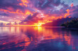 Colorful sunset sky with clouds on the horizon of the South Pacific Ocean. Lagoon landscape in Moorea. Luxury trave