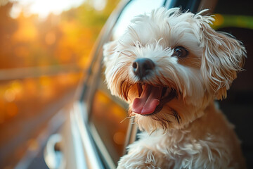 Wall Mural - Happy dog in the car window with the wind