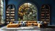 Classic blue library den with formal living room big window natural light. Concept Library Decor, Den Design, Living Room Layout, Natural Lighting, Classic Style