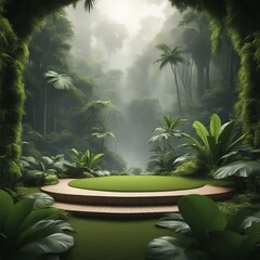 Canvas Print - green garden with tropical leaves and plants. 3d illustration