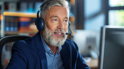 Poster - A man wearing a blue suit and a headset is smiling while talking on the phone. He is wearing a blue shirt underneath his suit jacket. a customer service employee white man middle aged
