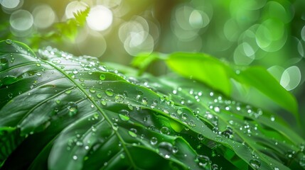 tropical wet bright green leaves background with water droplets fern palm and monstera deliciosa leaf ,