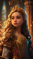 A young girl dressed like a queen, wearing a golden crown, gold and red dress. She has long curly blonde hair and blue eyes. She is standing in a room with golden pillars and red lights in the backgro