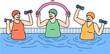 Elderly women working out in pool doing aqua fitness and lifting dumbbells to improve health. Happy pensioners lead active lifestyle and stand in water doing sports in pool after retirement