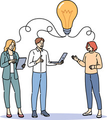 Wall Mural - Exchange of ideas and joint brainstorming among business people developing plan, standing under large light bulb. Office workers brainstorming to find way to attract new customers for company