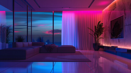 Wall Mural - Reflective surfaces capturing the colorful hues of LED lights in a dark, elegant room with minimalist decor.