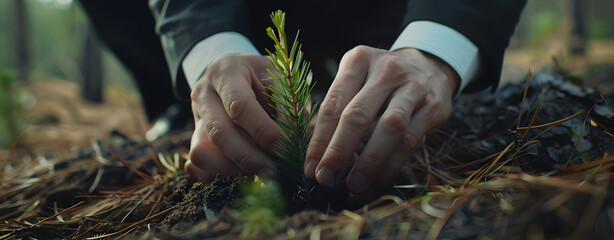 Business investment in reforestation, businessman growing young seedling plant on soil.