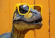 T-Rex wears yellow glasses, blending whimsy with fashion for creative projects or marketing