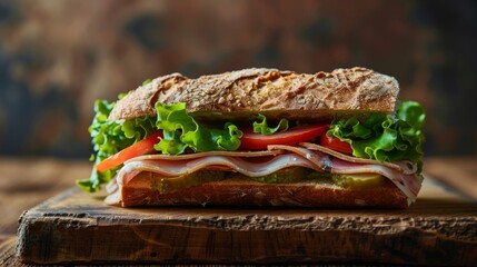 Wall Mural - Closeup view of a sandwich with layers of meat, lettuce, and tomatoes on a wooden cutting board