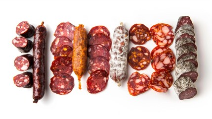 Wall Mural - Various types of sausages such as Fuet and Chorizo are sliced and arranged on a clean white background for a commercial photography shoot