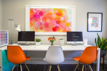 Wall Mural - Minimalistic office environment adorned with pops of vivid color and a pristine white frame, offering a serene backdrop for productive work.