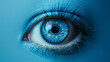 The close-up the eyes are blue against the background of blue skin. The concept of avatar, surrealism, dreams and imagination.