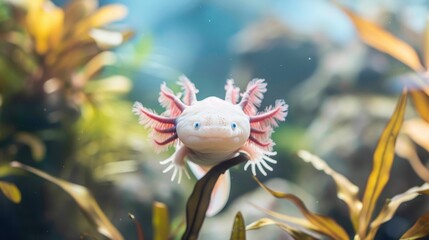 Wall Mural - Adorable axolotl swimming in a tank  AI generated illustration