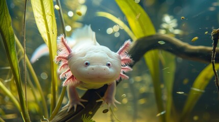 Wall Mural - Adorable axolotl swimming in a tank  AI generated illustration