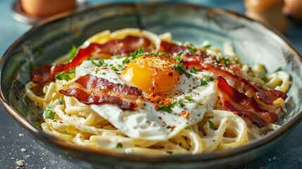 Wall Mural - A plate with pasta noodles topped with crispy bacon strips and a fried egg