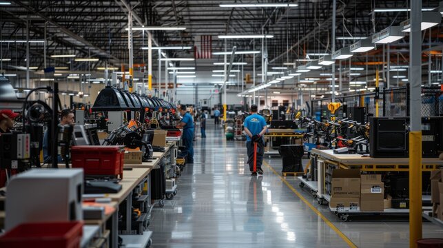 A side-angle view of a warehouse production floor filled with workers and machines assembling drones