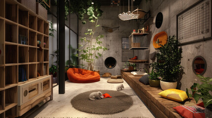 Wall Mural - A room with a cat bed, a cat tree, and a cat bed