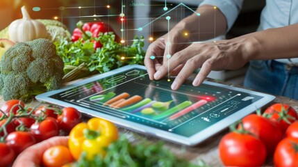Poster - Person Touching Tablet With Vegetables in Background
