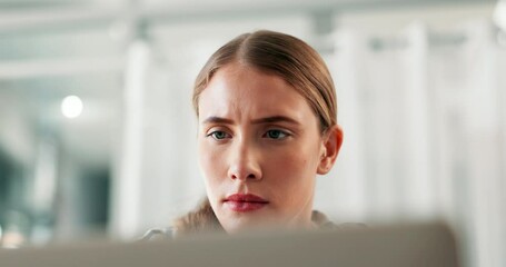 Poster - Remote work, confused and woman with laptop in home for research, studying and elearning for online project. Student, university and person on computer for education, internet course and website