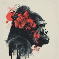 Wall Mural - Illustrator crafts a surreal depiction of a gorilla, blending abstract elements with a touch of red