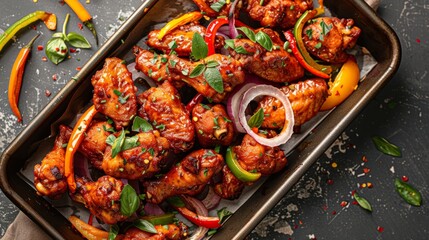 Canvas Print - A pan filled with crispy chicken and colorful peppers on top of a table