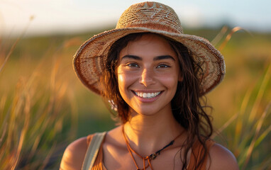 A woman wearing a straw hat and smiling. She is wearing a brown dress and a necklace. The image has a warm and cheerful mood